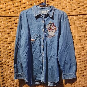 Bobbie Brooks,Christmas, Light Blue Embroided, Holiday, Denim Shirt W Bear